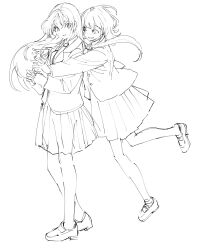 Rule 34 | 2girls, :d, absurdres, cogecha, commentary, copyright request, english commentary, greyscale, hair between eyes, highres, hug, hug from behind, jacket, loafers, long hair, long sleeves, monochrome, multiple girls, open mouth, pleated skirt, school uniform, shoes, simple background, skirt, smile, socks, standing, standing on one leg, very long hair, white background