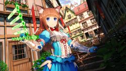 Rule 34 | 1girl, animal ears, armor, armored dress, blue eyes, breastplate, brown hair, cat ears, door, dress, gloves, heads-up display, highres, holographic interface, interface, jean popo, long hair, original, stairs, sword, wallpaper, weapon