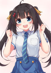 Rule 34 | 1girl, :d, ahoge, black hair, blue eyes, blue necktie, blue skirt, blush, breasts, brown ribbon, collared shirt, commentary request, diagonal-striped clothes, diagonal-striped necktie, diagonal-striped neckwear, eighth note, fortissimo, hair ornament, hair ribbon, hands up, highres, long hair, looking at viewer, musical note, musical note hair ornament, necktie, open mouth, original, pleated skirt, ribbon, shirt, short sleeves, skirt, small breasts, smile, solar milk, solo, striped clothes, striped necktie, striped neckwear, teeth, twintails, upper body, upper teeth only, very long hair, white shirt