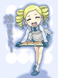 Rule 34 | 00s, 1girl, :d, ^ ^, apron, baking sheet, blonde hair, bubble, carrying, chocolate cornet, closed eyes, drill hair, closed eyes, food, goutokuji miyako, long sleeves, oekaki, open mouth, oven mitts, pastry, powerpuff girls, powerpuff girls z, rolling bubbles, skirt, slippers, smile, socks, solo, translation request, twin drills