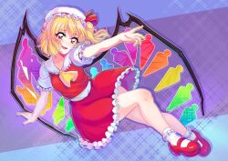 Rule 34 | 1girl, ascot, bare legs, blonde hair, blue background, bobby socks, breasts, bulkobon, collared shirt, fangs, flandre scarlet, frilled shirt collar, frilled skirt, frilled sleeves, frills, full body, hat, hat ribbon, light smile, looking at viewer, mary janes, medium hair, mob cap, multicolored wings, one side up, open mouth, puffy short sleeves, puffy sleeves, purple background, red eyes, red footwear, red ribbon, red skirt, red vest, ribbon, ribbon-trimmed headwear, ribbon trim, shirt, shoes, short sleeves, simple background, skirt, skirt set, sleeve ribbon, small breasts, socks, solo, teeth, touhou, vest, white hat, white shirt, white socks, wings, yellow ascot