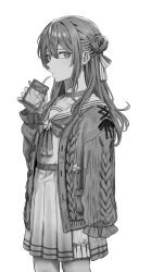 Rule 34 | 1girl, absurdres, animal ears, aran sweater, belt, bow, bowtie, brooch, cable knit, cardigan, choker, collarbone, cowboy shot, double-parted bangs, drink, greyscale, hair between eyes, hair bun, hair ribbon, half-skirt, hand up, highres, holding, holding drink, hololive, hoshimachi suisei, hoshimachi suisei (school uniform), ibuki (ibuki0118), jewelry, juice box, long hair, long sleeves, looking at viewer, monochrome, official alternate costume, pleated shirt, ribbon, sailor collar, school uniform, serafuku, sleeves past wrists, solo, star (symbol), star brooch, star in eye, sweater, symbol in eye, virtual youtuber