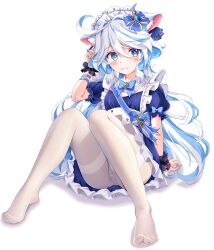 Rule 34 | 1girl, absurdres, ahoge, alternate costume, animal ear fluff, animal ears, apron, blue bow, blue dress, blue eyes, blue hair, blue nails, blush, bow, cat ears, chinese commentary, closed mouth, commentary request, dress, enmaided, feet, frilled dress, frills, full body, furina (genshin impact), genshin impact, hair between eyes, heterochromia, highres, kemonomimi mode, knees up, legs, light blue hair, long hair, looking at viewer, maid, maid apron, maid headdress, multicolored hair, nail polish, no shoes, panties, panties under pantyhose, pantyhose, puffy short sleeves, puffy sleeves, short sleeves, simple background, sitting, smile, solo, streaked hair, thighband pantyhose, toes, two-tone hair, underwear, white background, white hair, white panties, white pantyhose, wrist cuffs, yuki kokoro