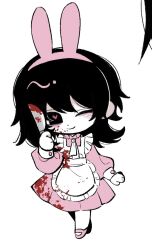 Rule 34 | 1boy, ;), animal ear hairband, animal ears, apron, black eyes, blood, blood on clothes, blood on face, bloody knife, chibi, chibi only, chinese commentary, closed mouth, commentary request, crossdressing, dress, fake animal ears, frilled apron, frills, hairband, heart, heart-shaped pupils, holding, holding knife, knife, long sleeves, maid, maid apron, male focus, male maid, mary janes, medium hair, minriyeah, mo chengwei, neckerchief, one eye closed, pale skin, pink dress, pink footwear, pink pupils, puffy long sleeves, puffy sleeves, rabbit ear hairband, rabbit ears, shoes, simple background, smile, solo, symbol-shaped pupils, touqi guaitan, trap, white apron, white background, white neckerchief