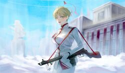 Rule 34 | 1girl, absurdres, blonde hair, blue archive, blush, breasts, cowboy shot, dantyou2525, day, gloves, gun, halo, highres, jacket, large breasts, long sleeves, looking at viewer, marina (blue archive), military jacket, open mouth, outdoors, pants, ppsh-41, red halo, short hair, smile, solo, submachine gun, weapon, white gloves, white jacket, white pants, yellow eyes