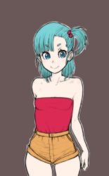 Rule 34 | 1girl, black background, blush, breasts, bulma, dragon ball, female focus, green eyes, green hair, hair bobbles, hair ornament, highres, long hair, looking at viewer, one side up, shorts, simple background, smile, solo, standing, strapless, tube top, wabaki