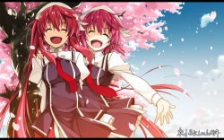 Rule 34 | 2girls, arms behind back, blue sky, cherry blossoms, closed eyes, cowboy shot, day, floating hair, from below, hand on another&#039;s shoulder, hat, highres, long hair, multiple girls, open mouth, original, outdoors, outstretched arm, pink hair, red hair, shikei, sky, smile, tree, very long hair, white hat