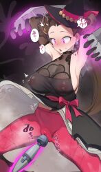Rule 34 | 1girl, armpits, arms up, black background, black dress, black gloves, black headwear, blush, breasts, brown hair, cameltoe, cleft of venus, clothes lift, covered erect nipples, creatures (company), djheycha, dress, dress lift, earrings, elbow gloves, game freak, gen 8 pokemon, gloves, gradient background, grey background, hat, highres, jewelry, large breasts, long hair, looking down, low twintails, nintendo, open mouth, panties, pantyhose, pink eyes, pink pantyhose, pokemon, pokemon (creature), pokemon masters ex, roxanne (fall 2023) (pokemon), roxanne (pokemon), runerigus, see-through, sex toy, sideboob, spread legs, squatting, standing, twintails, underwear, vibrator, witch hat