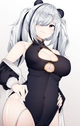 Rule 34 | 1girl, absurdres, animal ears, arknights, bare shoulders, black dress, black hair, breasts, cleavage, cleavage cutout, clothing cutout, commentary, covered navel, cowboy shot, dress, feater (arknights), gradient background, grey background, groin, hair over one eye, hands on own hips, highres, large breasts, long hair, looking at viewer, multicolored hair, off shoulder, panda ears, samip, silver hair, smile, solo, standing, streaked hair, thighs, twintails
