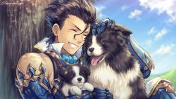 Rule 34 | 1boy, animal, bare shoulders, black hair, blue sky, brown eyes, cloud, commentary request, day, diarmuid ua duibhne (saber) (fate), diarmuid ua duibhne (lancer) (fate), dog, closed eyes, fate/grand order, fate (series), gauntlets, grin, hagino kouta, hair strand, male focus, mole, mole under eye, outdoors, sitting, sky, sleeveless, smile, solo, tongue, tongue out, tree, twitter username, upper body, v-shaped eyebrows