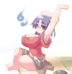 Rule 34 | 1girl, alternate breast size, alternate eye color, aoihitsuji, arms up, barefoot, black hat, black skirt, breasts, cabbie hat, chinese clothes, cleavage, closed mouth, commentary request, expressionless, full body, hat, hitodama, huge breasts, jiangshi, lace-trimmed sleeves, lace trim, looking at viewer, looking to the side, medium hair, miyako yoshika, ofuda, purple hair, red eyes, red shirt, shirt, short sleeves, shortstack, skirt, skull, solo, star (symbol), tangzhuang, touhou, unworn hat, unworn headwear