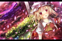 Rule 34 | 1girl, blonde hair, blush, embodiment of scarlet devil, female focus, flandre scarlet, hair between eyes, hat, letterboxed, mob cap, nature, outdoors, plant, red eyes, shinonome ukyu, sky, solo, touhou, white hat, wings