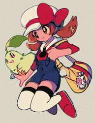 Rule 34 | 1girl, blue overalls, blush, bow, brown eyes, brown hair, cabbie hat, chikorita, closed mouth, commentary request, creatures (company), game freak, gen 2 pokemon, grey background, hat, hat bow, highres, holding strap, long hair, looking down, lyra (pokemon), nintendo, ok ko19, overalls, pokegear, pokemon, pokemon hgss, red bow, red footwear, red shirt, shirt, shoes, sleeves past elbows, smile, thighhighs, twintails, white headwear, yellow bag