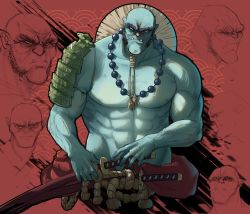 Rule 34 | abs, bald, collarbone, colored skin, commentary, commission, english commentary, fangs, green skin, highres, holding, jewelry, katana, looking at viewer, male focus, manly, multiple views, muscular, muscular male, necklace, nipples, no pupils, orc, original, pearl necklace, popopoka, red background, sheath, sheathed, shoulder plates, single bare shoulder, sword, thick eyebrows, weapon