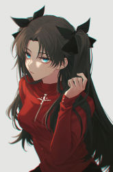Rule 34 | 1girl, blue eyes, bow, brown hair, expressionless, fate/stay night, fate (series), from side, hair bow, hand up, highres, kaicggo, long hair, long sleeves, looking at viewer, parted bangs, red sweater, simple background, solo, sweater, tohsaka rin, two side up, upper body, white background