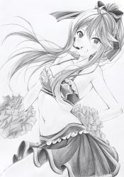 Rule 34 | 1girl, absurdres, ahoge, breasts, cheerleader, cleavage, crop top, crop top overhang, greyscale, hair ribbon, headset, highres, holding, holding pom poms, idolmaster, idolmaster million live!, long hair, looking at viewer, medium breasts, midriff, monochrome, navel, open mouth, pom pom (cheerleading), pom poms, ponytail, ribbon, sasa koutoyomu, simple background, skirt, smile, solo, swept bangs, tokoro megumi, traditional media, white background