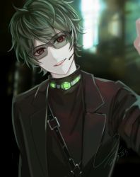 Rule 34 | 1boy, :d, black shirt, black suit, blurry, blurry background, dated, goggles, green hair, hand up, head tilt, headset, highres, long sleeves, looking at viewer, maki keita, male focus, open mouth, outdoors, red eyes, shirt, smile, solo, stand my heroes, suit, unhtt0