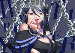 Rule 34 | 1girl, absurdres, artist request, bandeau, belt, black bandeau, black belt, black hair, black jacket, blue belt, blue hair, breasts, brown eyes, chain, character name, chest belt, cleavage, commentary, curled horns, demon girl, demon horns, forked tongue, grey background, grey horns, hair between eyes, hebiyoi tier, hebiyoi tier (1st costume), highres, horns, jacket, large breasts, long bangs, long hair, long sleeves, long tongue, looking at viewer, multicolored hair, nanashi inc., off shoulder, open clothes, open jacket, open mouth, pointy ears, shiranui enki, sidelocks, solo, tongue, two-tone hair, upper body, virtual youtuber
