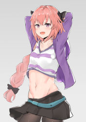 Rule 34 | 1boy, :d, arms behind head, arms up, astolfo (fate), astolfo (memories at trifas) (fate), belt, belt skirt, black bow, black pantyhose, blue belt, blush, bow, braid, chinese commentary, collarbone, commentary request, contrapposto, cowboy shot, cropped vest, fang, fate/apocrypha, fate (series), grey background, groin, hair between eyes, hair bow, hair intakes, highres, hood, hood down, hooded jacket, jacket, long hair, long sleeves, looking at viewer, male focus, midriff, miniskirt, navel, official alternate costume, open clothes, open jacket, open mouth, pantyhose, pink hair, pleated skirt, pom pom (clothes), purple eyes, purple jacket, rosehip t72, shirt, simple background, single braid, skirt, smile, solo, standing, stomach, striped clothes, striped vest, trap, vest, white shirt