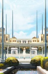 Rule 34 | 1girl, architecture, bad id, bad pixiv id, blonde hair, blurry, boots, building, bush, cloud, day, dress, garden, highres, jongmin, long hair, magic circle, mansion, middle eastern architecture, original, outdoors, petals, pond, scenery, sky, solo, standing, tree, water, white dress