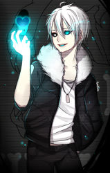 Rule 34 | 1boy, artist name, artist request, black jacket, black pants, black sclera, bone, collar, colored sclera, dark background, dog tags, fur, fur collar, fur trim, glowing, glowing eye, heart, heterochromia, humanization, jacket, jewelry, long sleeves, male focus, necklace, open clothes, open jacket, open mouth, pale skin, pants, personification, sans (undertale), shirt, short hair, sleeves rolled up, smile, solo, spoilers, text focus, undertale, white hair, white shirt