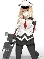 Rule 34 | 1girl, bad id, bad twitter id, black gloves, black pantyhose, black skirt, blonde hair, breasts, capelet, gloves, graf zeppelin (kancolle), hair between eyes, hat, kantai collection, large breasts, long hair, looking at viewer, machinery, miniskirt, necktie, neckwear between breasts, neko (ganecooo), no shoes, pantyhose, peaked cap, pleated skirt, purple eyes, red necktie, sidelocks, simple background, skirt, solo, twintails, white background