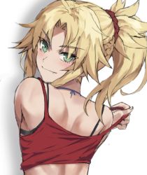 Rule 34 | 1girl, back, bare shoulders, blonde hair, blush, braid, breasts, camisole, closed mouth, fang, fate/apocrypha, fate (series), french braid, green eyes, hair ornament, hair scrunchie, highres, jewelry, long hair, long sleeves, looking at viewer, looking back, mordred (fate), mordred (fate/apocrypha), necklace, parted bangs, ponytail, red camisole, red scrunchie, scrunchie, sidelocks, smile, solo, tonee