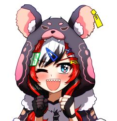 Rule 34 | 1girl, ;d, animal ears, animal hood, asymmetrical gloves, black gloves, black hair, blue eyes, blush, capelet, clenched hand, commentary, ddolbang, english commentary, fingerless gloves, gloves, hair ornament, hairclip, hakos baelz, hakos baelz (casual), highres, hololive, hololive english, hood, hood up, hooded capelet, looking at viewer, mismatched gloves, mouse ears, mouse hood, multicolored hair, one eye closed, open mouth, red hair, sharp teeth, simple background, single fingerless glove, smile, solo, streaked hair, teeth, upper body, virtual youtuber, white background, white hair