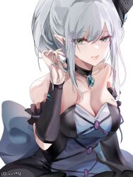 Rule 34 | 1girl, absurdres, arm garter, bare shoulders, black choker, character request, choker, commentary, copyright request, dolechan, dress, gem, grey eyes, grey hair, hand up, highres, long hair, looking at viewer, pointy ears, simple background, solo, strapless, strapless dress, upper body, white background