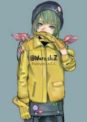 Rule 34 | 1girl, absurdres, aqua eyes, badge, beanie, blue background, bob cut, button badge, gloves, green hair, hat, head tilt, highres, jacket, junjunforever, looking at viewer, mechanical wings, nose, original, science fiction, short hair, sleeves pushed up, solo, twitter username, wings, wiping face, wiping nose