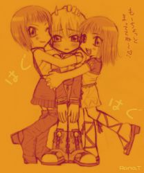 Rule 34 | 1boy, 2girls, blush, chibi, embarrassed, galerians, happy, hug, lilia (galerians), lilia pascalle, looking at viewer, lowres, multiple girls, one eye closed, orange background, rion (galerians), rion steiner, rita (galerians), sandwiched, short hair, simple background, smile, wink, yellow background