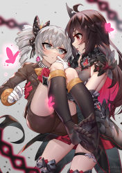 Rule 34 | 2girls, bad id, bad pixiv id, black legwear, blush, bronya zaychik, bronya zaychik (wolf&#039;s dawn), brown eyes, brown hair, bug, butterfly, carrying, chinese commentary, commentary request, drill hair, ginklaga, gloves, grey eyes, grin, honkai (series), honkai impact 3rd, insect, long hair, long sleeves, looking at another, multicolored hair, multiple girls, no shoes, princess carry, red gloves, red hair, seele (alter ego), seele vollerei, seele vollerei (starchasm nyx), silver hair, smile, toes, twin drills, two-tone hair, white gloves, yuri