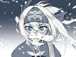 Rule 34 | 10s, 1girl, ainu, ainu clothes, bandana, blue eyes, blush, breath, cropped jacket, folded ponytail, headband, kamoi (kancolle), kantai collection, long hair, looking at viewer, monochrome, open mouth, round teeth, shide kouri, sidelocks, solo, teeth, thick eyebrows, twitter username, upper body, white hair