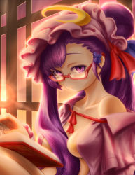 Rule 34 | 1girl, alternate hairstyle, bad id, bad pixiv id, bare shoulders, bespectacled, book, bow, breasts, crescent, female focus, glasses, hair bow, hair bun, hat, long hair, looking at viewer, madenka, medium breasts, neck ribbon, off shoulder, open clothes, patchouli knowledge, purple eyes, purple hair, red-framed eyewear, ribbon, single hair bun, solo, sun, sunset, touhou, window