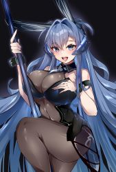 Rule 34 | 1girl, absurdres, animal ears, armband, azur lane, between breasts, black pantyhose, blue eyes, blue hair, blush, bodystocking, bodysuit, breasts, cleavage, collar, curvy, fake animal ears, hand on own chest, happy, headgear, highres, kive, large breasts, leg up, leotard, long hair, looking at viewer, necktie, necktie between breasts, new jersey (azur lane), new jersey (exhilarating steps!) (azur lane), official alternate costume, open mouth, pantyhose, playboy bunny, pole, pole dancing, rabbit ears, see-through, see-through cleavage, simple background, solo, stripper, stripper pole, very long hair, wrist cuffs