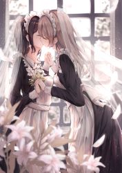 Rule 34 | 2girls, absurdres, bridal veil, collared shirt, flower, from side, highres, kiss, lily (flower), maid, multiple girls, original, shirt, veil, wedding, wife and wife, yuri