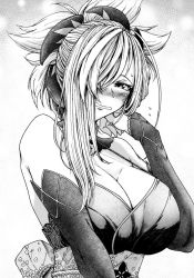 Rule 34 | 1girl, blush, breasts, cleavage, fate/grand order, fate (series), greyscale, hair over one eye, koyubi (littlefinger1988), large breasts, looking at viewer, magatama, miyamoto musashi (fate), miyamoto musashi (second ascension) (fate), monochrome, simple background, white background