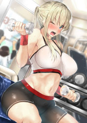 Rule 34 | 10s, 1girl, alternate costume, b-ginga, bike shorts, black shorts, blonde hair, blue eyes, blurry, blush, bra, breasts, depth of field, exercising, flying sweatdrops, graf zeppelin (kancolle), indoors, kantai collection, large breasts, midriff, navel, one eye closed, open mouth, shorts, sitting, solo focus, sports bra, sweat, twintails, underwear, weightlifting, white bra, wristband