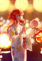 1girl blue_eyes candy_apple cemony commentary_request cotton_candy dated floral_print food gundam gundam_suisei_no_majo highres holding holding_food japanese_clothes kimono lantern light_particles long_hair long_sleeves obi open_mouth outdoors paper_lantern pov pov_hands print_kimono red_hair sash smile solo_focus suletta_mercury thick_eyebrows twitter_username white_kimono