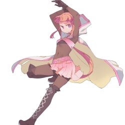 Rule 34 | 1girl, belt, black footwear, black gloves, black shorts, blunt bangs, bodysuit, boots, breasts, cloak, crop top, cross-laced footwear, gloves, hood, hood down, hooded cloak, lace-up boots, long hair, looking at viewer, low ponytail, magia record: mahou shoujo madoka magica gaiden, magical girl, mahou shoujo madoka magica, miniskirt, pink belt, pink eyes, pink hair, pink skirt, pleated skirt, red hair, shimazaki1152, short bangs, shorts, shorts under skirt, sidelocks, simple background, skirt, small breasts, solo, tamaki iroha, thigh boots, turtleneck, very long hair, white background, white cloak