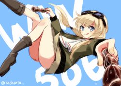 Rule 34 | &gt;:), 1girl, blonde hair, blue eyes, boots, bottle, brown footwear, carla j. luksic, drink, goggles, goggles on head, holding, kodamari, long hair, long sleeves, low twintails, solo, strike witches, tongue, tongue out, twintails, twitter username, v-shaped eyebrows, world witches series