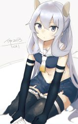 Rule 34 | 1girl, absurdres, black gloves, black thighhighs, blue skirt, breasts, character name, closed mouth, crop top, elbow gloves, gloves, grey background, grey eyes, headgear, highres, holding, i-203 (kancolle), kantai collection, long hair, looking at viewer, ma rukan, midriff, miniskirt, navel, sailor collar, signature, silver hair, simple background, sitting, skirt, sleeveless, small breasts, solo, thighhighs, white sailor collar