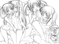 Rule 34 | 00s, 2girls, bare shoulders, bisexual female, blush, cameltoe, covered navel, fate testarossa, fingering, greyscale, hair ribbon, highres, licking, long hair, lyrical nanoha, mahou shoujo lyrical nanoha, monochrome, multiple girls, one-piece swimsuit, open mouth, oral, penis, ribbon, school swimsuit, short twintails, simple background, sketch, swimsuit, takamachi nanoha, taro, teeth, tongue, tongue out, twintails
