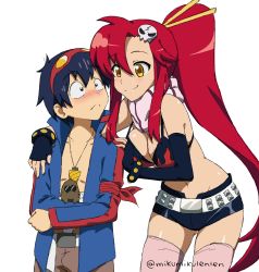 Rule 34 | 00s, 1boy, 1girl, ariamikukanzaki, armband, asymmetrical gloves, bare shoulders, belt, bikini, bikini top only, black eyes, blue hair, blush, boota (ttgl), breasts, cleavage, core drill, elbow gloves, embarrassed, fingerless gloves, flame print, frown, gloves, goggles, goggles on head, hair ornament, hair stick, height difference, highres, jacket, jewelry, large breasts, long hair, long sleeves, navel, necklace, pink thighhighs, ponytail, red hair, sarashi, scarf, shiny clothes, short hair, short shorts, shorts, sidelocks, simon (ttgl), simple background, skull hair ornament, smile, studded belt, studded bracelet, swimsuit, tengen toppa gurren lagann, thighhighs, twitter username, uneven gloves, white background, yellow eyes, yoko littner