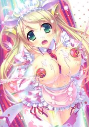 Rule 34 | 1girl, absurdres, amakawa akito, animal ears, animal print, apron, bell, between breasts, blonde hair, blush, grabbing another&#039;s breast, breasts, cow ears, cow print, cow tail, cream, grabbing, green eyes, headdress, highres, horns, large breasts, long hair, long sleeves, looking at viewer, necktie, necktie between breasts, no bra, open mouth, original, panties, pantyshot, pasties, polka dot, polka dot panties, scan, side-tie panties, skirt, solo, surprised, tail, twintails, underwear, upskirt