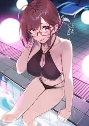 Rule 34 | 1girl, 92m, ahoge, bare shoulders, beach chair, bikini, black bikini, breasts, brown hair, cleavage cutout, clothing cutout, floor lamp, glasses, highres, jewelry, kinshi no ane (92m), large breasts, legs together, looking at viewer, multi-strapped bikini, navel, open mouth, original, partially submerged, poolside, red-framed eyewear, red eyes, red hair, short hair, short ponytail, swimsuit, thighs, translation request