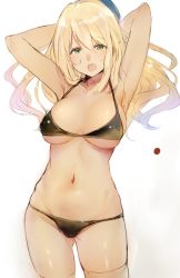 Rule 34 | 10s, :d, armpits, arms up, atago (kancolle), bikini, black bikini, blonde hair, breasts, cowboy shot, gluteal fold, green eyes, hat, isshiki (ffmania7), kantai collection, large breasts, long hair, navel, open mouth, simple background, sketch, smile, solo, swimsuit, thighhighs, unfinished