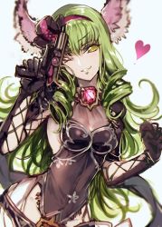 Rule 34 | 1girl, ;), animal ears, c.c., catharine (granblue fantasy), catharine (granblue fantasy) (cosplay), code geass, cosplay, creayus, drill hair, erune, granblue fantasy, green hair, heart, long hair, looking at viewer, one eye closed, parted lips, simple background, smile, solo, weapon, white background, yellow eyes