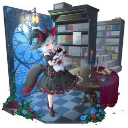 Rule 34 | 1girl, absurdres, ahoge, animal ears, arm ribbon, bag of chips, belt, black belt, black dress, black footwear, black hat, black ribbon, black tail, blue eyes, blue flower, blue hair, book, book stack, bookshelf, border, can, candlestand, chain, checkered floor, chips (food), closed mouth, commentary, cookie, dress, eyepatch, fake animal ears, flower, food, food-themed hair ornament, frilled dress, frills, full body, gem, grey hair, hair ornament, hairclip, hanging lantern, hat, hat flower, heterochromia, highres, holding, holding book, holding stuffed toy, looking at viewer, medium hair, multicolored hair, neck ribbon, off-shoulder dress, off shoulder, official art, petals, plate, puffy short sleeves, puffy sleeves, pumpkin hair ornament, red flower, red gemstone, red tail, ribbon, riichi city, shiraha asuka (riichi city), short sleeves, solo, sseli, stairs, standing, streaked hair, stuffed animal, stuffed rabbit, stuffed toy, table, tablecloth, tail, tail ornament, white border, witch hat, wooden table, yellow eyes