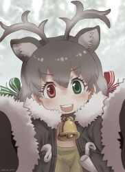 Rule 34 | animal ears, antlers, bell, blush, bow, brown hair, coat, deer ears, extra ears, fur collar, fur trim, green bow, green coat, green eyes, green shirt, hair between eyes, hair bow, heterochromia, horns, kemono friends, long hair, long sleeves, multicolored hair, neck bell, nyororiso (muyaa), open clothes, open coat, open mouth, pov, reaching, reaching towards viewer, red bow, red eyes, reindeer (kemono friends), reindeer antlers, reindeer girl, shirt, sidelocks, smile, snow, twintails, white fur, winter clothes, winter coat